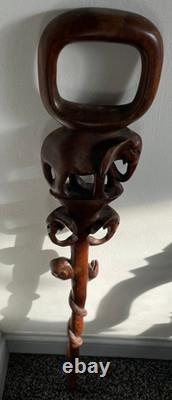 Antique Hand Carved hard wood African Elephant & snake Tribal Walking Stick 86cm