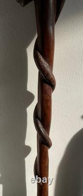 Antique Hand Carved hard wood African Elephant & snake Tribal Walking Stick 86cm