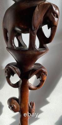 Antique Hand Carved hard wood African Elephant & snake Tribal Walking Stick 86cm
