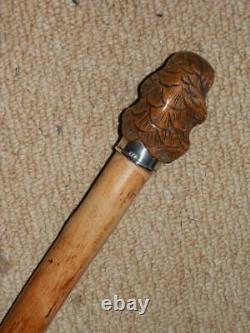 Antique Hand-carved Treen Parrot Continental Silver 800 Collar Walking Stick