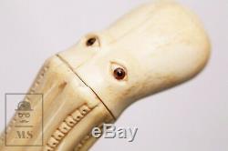 Antique Handmade Bone Carved Cane / Walking Stick Octopus Handle C. 1920