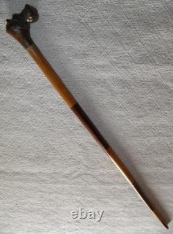 Antique Hardwood Sections Walking Stick Cane Hand-Carved Hippo With Glass Eyes