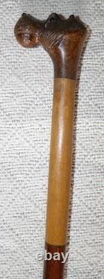 Antique Hardwood Sections Walking Stick Cane Hand-Carved Hippo With Glass Eyes