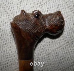 Antique Hardwood Sections Walking Stick Cane Hand-Carved Hippo With Glass Eyes