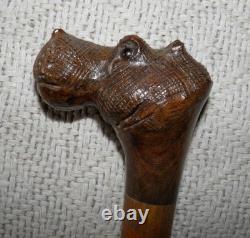 Antique Hardwood Sections Walking Stick Cane Hand-Carved Hippo With Glass Eyes