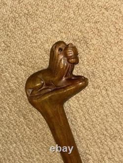 Antique Hardwood Walking Stick / Cane Hand-Carved Glass-Eyed Lion Handle