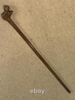 Antique Hardwood Walking Stick / Cane Hand-Carved Glass-Eyed Lion Handle