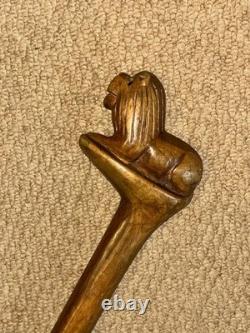 Antique Hardwood Walking Stick / Cane Hand-Carved Glass-Eyed Lion Handle