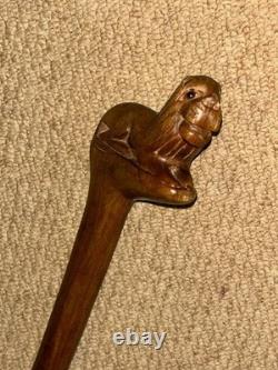 Antique Hardwood Walking Stick / Cane Hand-Carved Glass-Eyed Lion Handle
