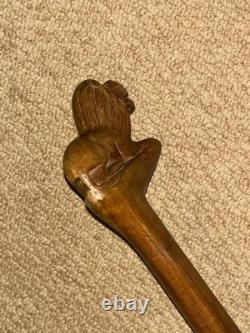 Antique Hardwood Walking Stick / Cane Hand-Carved Glass-Eyed Lion Handle