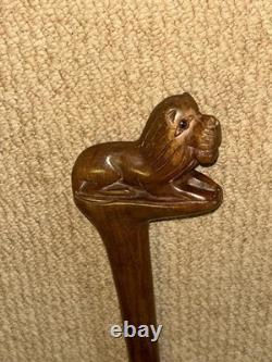 Antique Hardwood Walking Stick / Cane Hand-Carved Glass-Eyed Lion Handle