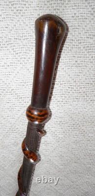 Antique Hardwood Walking Stick Hand-Carved Snakes & Textured Carved Shaft 90cm
