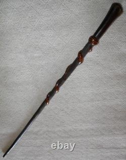 Antique Hardwood Walking Stick Hand-Carved Snakes & Textured Carved Shaft 90cm