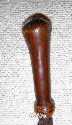 Antique Hardwood Walking Stick Hand-Carved Snakes & Textured Carved Shaft 90cm