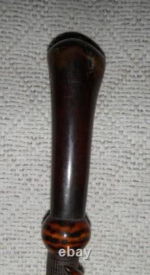 Antique Hardwood Walking Stick Hand-Carved Snakes & Textured Carved Shaft 90cm