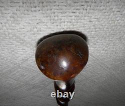Antique Hardwood Walking Stick Hand-Carved Snakes & Textured Carved Shaft 90cm