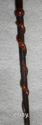 Antique Hardwood Walking Stick Hand-Carved Snakes & Textured Carved Shaft 90cm