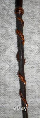 Antique Hardwood Walking Stick Hand-Carved Snakes & Textured Carved Shaft 90cm