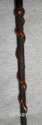 Antique Hardwood Walking Stick Hand-Carved Snakes & Textured Carved Shaft 90cm