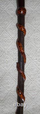 Antique Hardwood Walking Stick Hand-Carved Snakes & Textured Carved Shaft 90cm