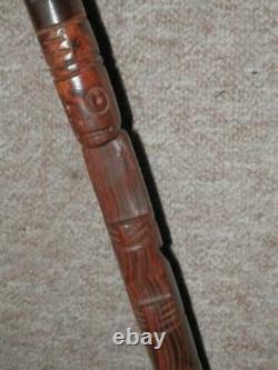 Antique Hardwood Walking Stick With Hand-Carved African Tribal Shaft 85cm