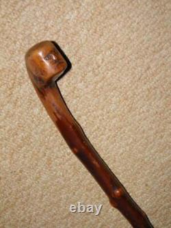 Antique Hawthorn Walking Stick Pommel Top With Hand-Carved Grotesque Face 84cm