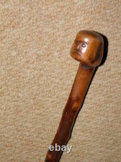 Antique Hawthorn Walking Stick Pommel Top With Hand-Carved Grotesque Face 84cm