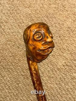 Antique Hazel Walking Stick Cane Hand-Carved Grotesque Folk Art Man Head Top