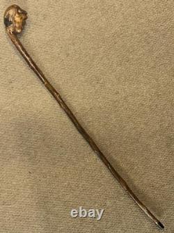Antique Hazel Walking Stick Cane Hand-Carved Grotesque Folk Art Man Head Top