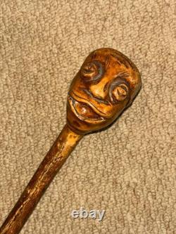 Antique Hazel Walking Stick Cane Hand-Carved Grotesque Folk Art Man Head Top