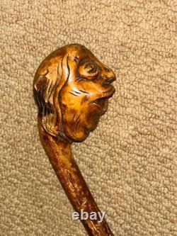 Antique Hazel Walking Stick Cane Hand-Carved Grotesque Folk Art Man Head Top