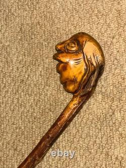 Antique Hazel Walking Stick Cane Hand-Carved Grotesque Folk Art Man Head Top