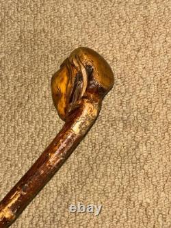 Antique Hazel Walking Stick Cane Hand-Carved Grotesque Folk Art Man Head Top