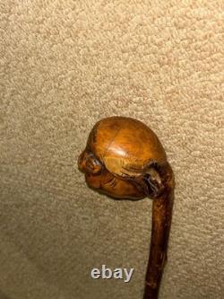 Antique Hazel Walking Stick Cane Hand-Carved Grotesque Folk Art Man Head Top