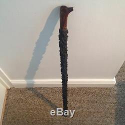 Antique Heavy Black Thorn Folk Art Style Carved Bird Head Staff-walking Stick