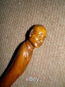Antique Heavy Rustic Hand Carved Chinese Mandarin Head Walking Stick/Cane 91cm