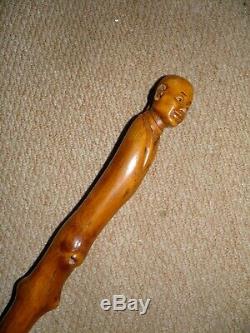 Antique Heavy Rustic Hand Carved Chinese Mandarin Head Walking Stick/Cane 91cm