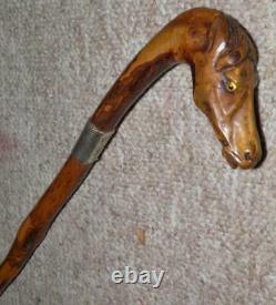 Antique Holly Walking Cane/Stick With Hand Carved Horse Top -H/M Silver 1920