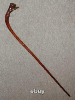 Antique Holly Walking Stick/Cane With Hand-Carved Glass Eyed Cheetah Handle -109cm