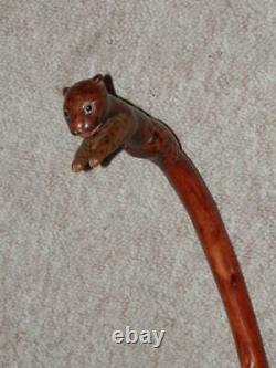 Antique Holly Walking Stick/Cane With Hand-Carved Glass Eyed Cheetah Handle -109cm