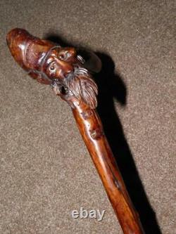 Antique Holly Walking Stick With 2 Hand Carved Grotesque Faces WithGlass Eyes
