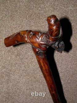 Antique Holly Walking Stick With 2 Hand Carved Grotesque Faces WithGlass Eyes
