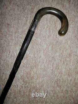 Antique Horn H/M Silver Irish Bog Oak Hand-Carved Clover Harp Walking Stick/Cane
