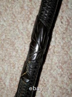 Antique Horn H/M Silver Irish Bog Oak Hand-Carved Clover Harp Walking Stick/Cane