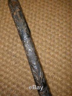 Antique Intricately Carved Floral Bamboo Crook Walking Stick/Cane