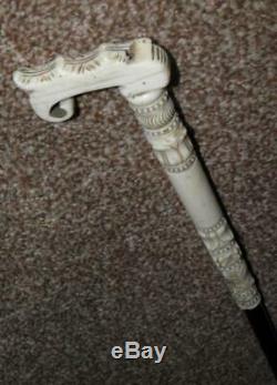 Antique Intricately Carved Floral Topped Ladies Ebonised Dress Cane 86cm