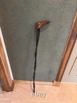 Antique Irish Blackthorn Foot Carved Walking Stick Folk Art Style Double twist
