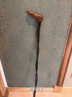 Antique Irish Blackthorn Foot Carved Walking Stick Folk Art Style Double twist