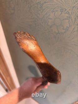 Antique Irish Blackthorn Foot Carved Walking Stick Folk Art Style Double twist