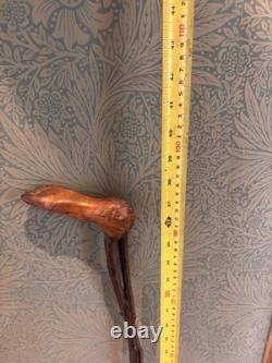 Antique Irish Blackthorn Foot Carved Walking Stick Folk Art Style Double twist